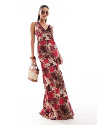Asos Design Mesh Slip Dress With Contrast Lace Trim In Leopard Floral Print-multi
