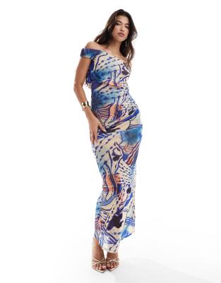 ASOS DESIGN mesh slouchy bardot maxi dress with ruched skirt in abstract paintwork print-Multi