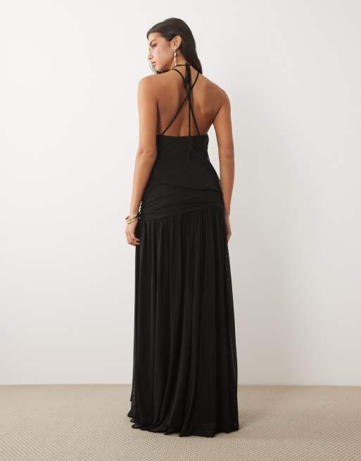 ASOS DESIGN mesh slouchy blouson jurk met gerimpelde maxi-lengte in zwart, 2 van 4