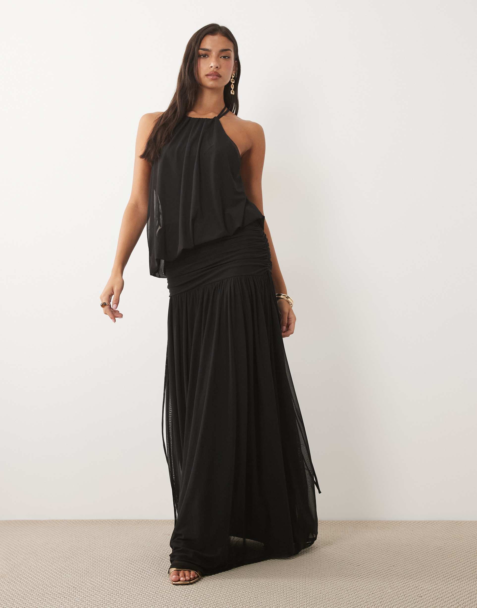 asos design mesh slouchy blouson ruched maxi dress in black