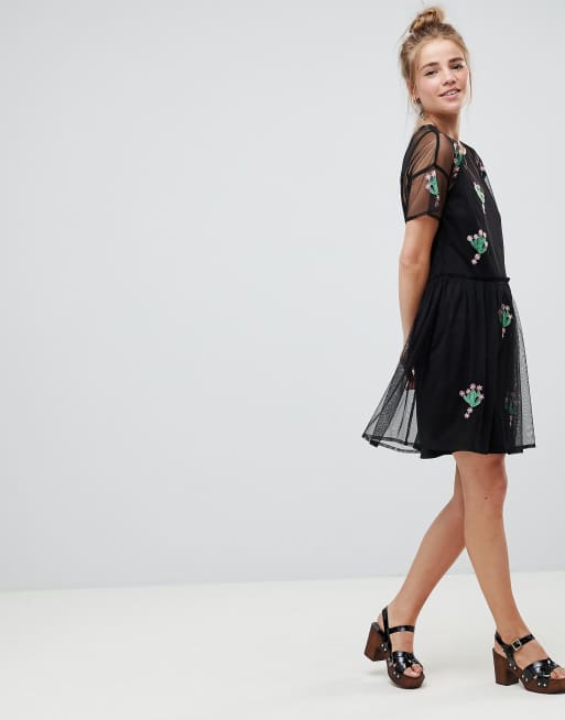 ASOS DESIGN Mesh Smock Dress With Cactus Applique