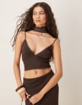 [ASOS DESIGN] ASOS DESIGN mesh spot cami top with neck scarf in chocolate (part of a set)-Brown S Chocolate