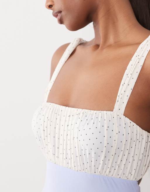 ASOS DESIGN mesh spot dress micro ruched bust maxi with thigh high split in pale blue, 3 of 4