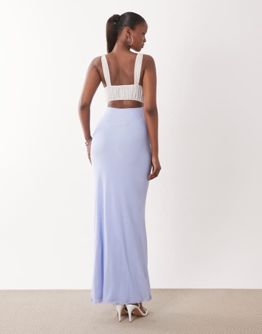 ASOS DESIGN mesh spot dress micro ruched bust maxi with thigh high split in pale blue, 4 of 4