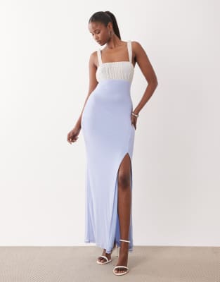 Asos Design Mesh Spot Micro Ruched Bust Maxi With Thigh High Split In Blue