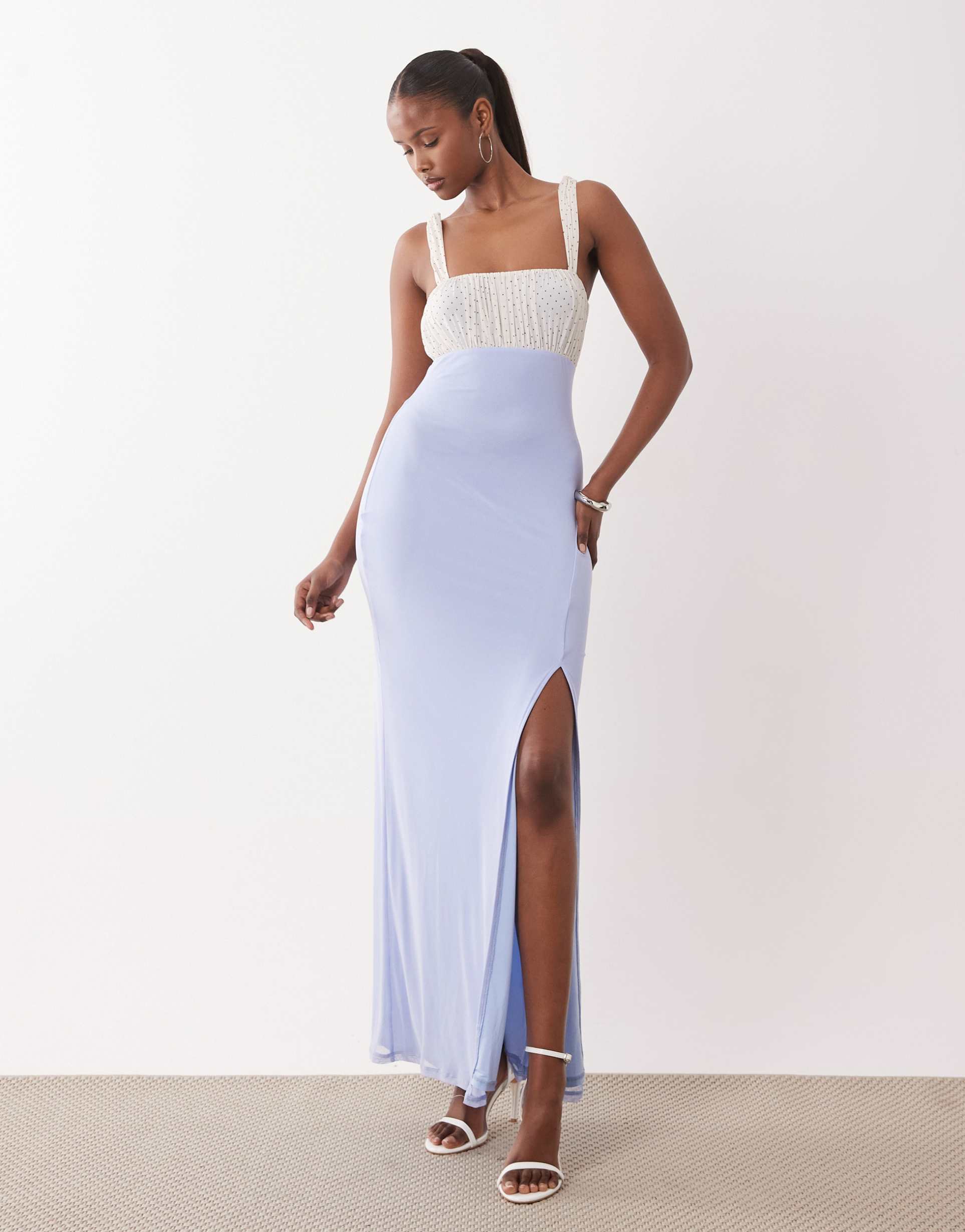 asos design mesh spot micro ruched bust maxi with thigh high split in pale blue