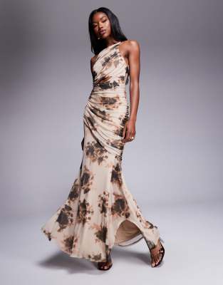 Asos Design Mesh Square Halter Maxi Dress With Asymmetric Ruching In Multi