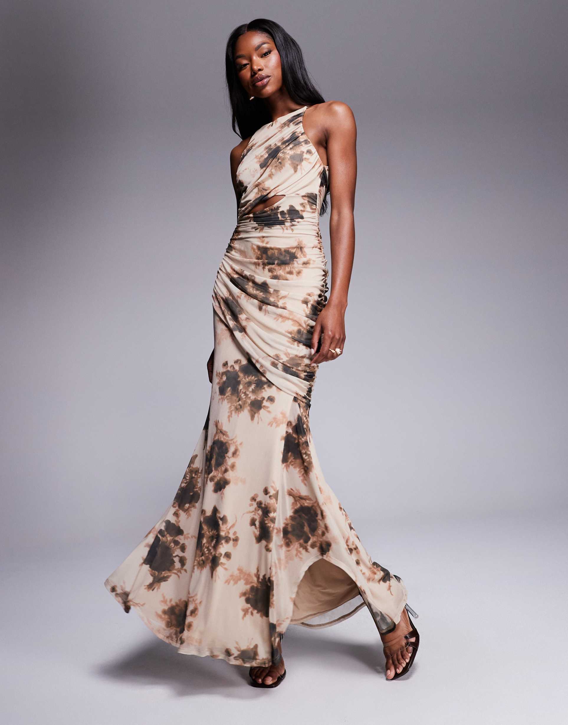 asos design mesh square halter maxi dress with asymmetric ruching in abstract floral print