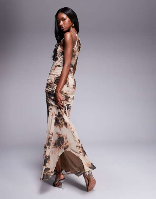 ASOS DESIGN mesh square halter maxi dress with asymmetric ruching in abstract floral print