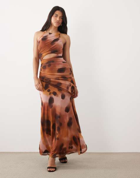 ASOS DESIGN mesh square halter maxi dress with asymmetric ruching in blur animal print - view 1