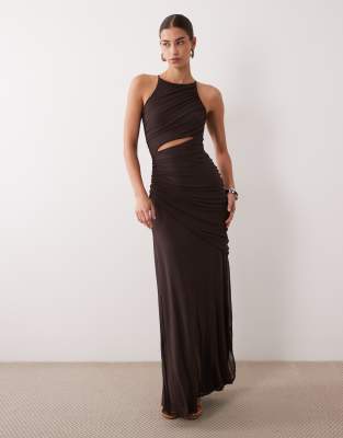 Asos Design Mesh Square Halter Maxi Dress With Asymmetric Ruching In Brown
