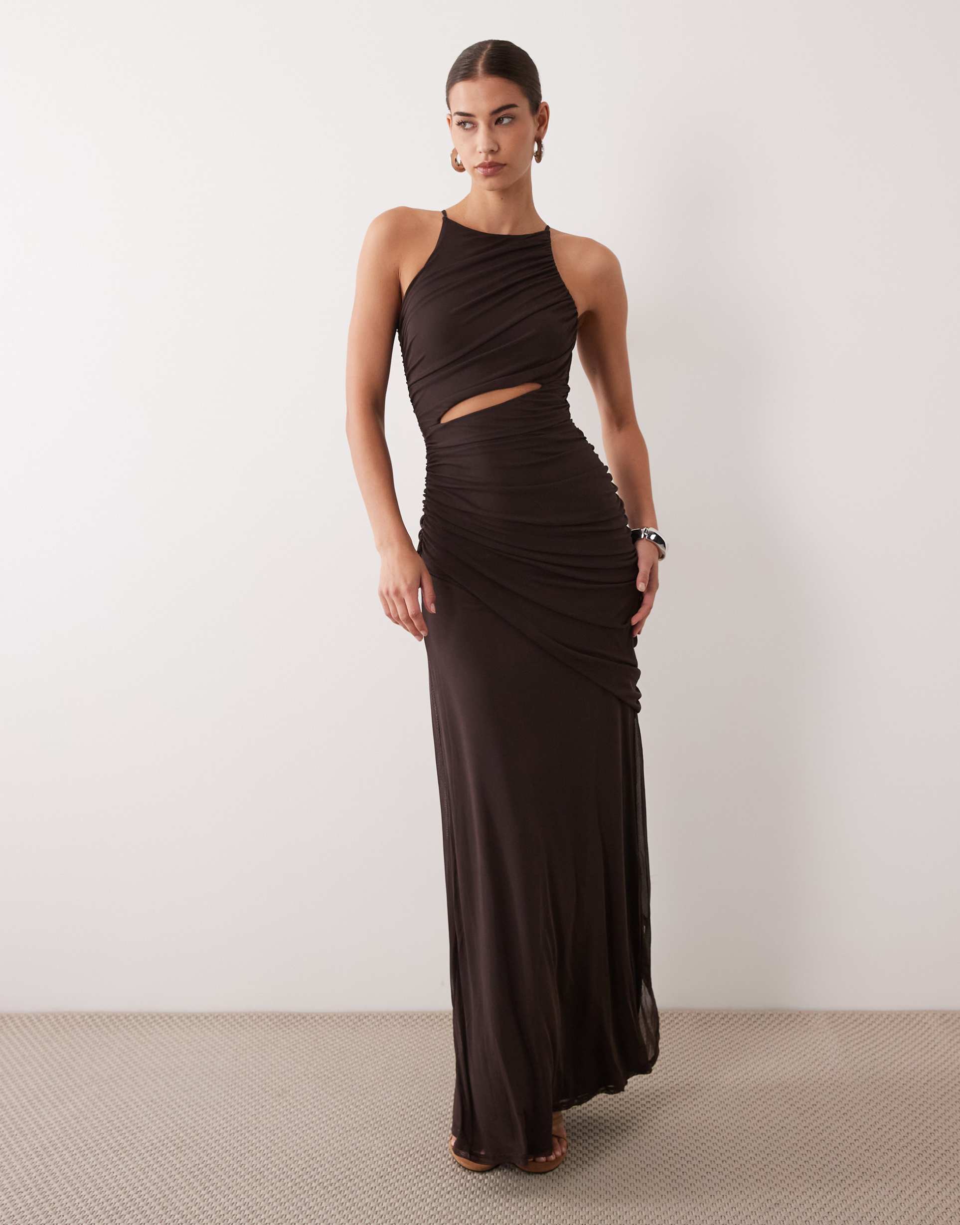 asos design mesh square halter maxi dress with asymmetric ruching in brown