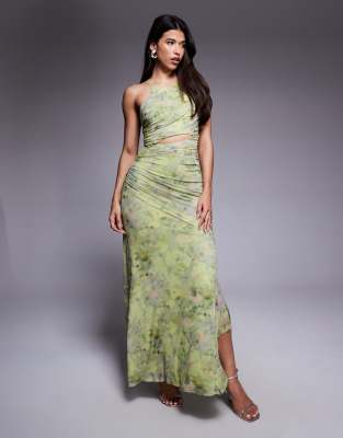 mesh square halter maxi dress with asymmetric ruching in floral print-Multi