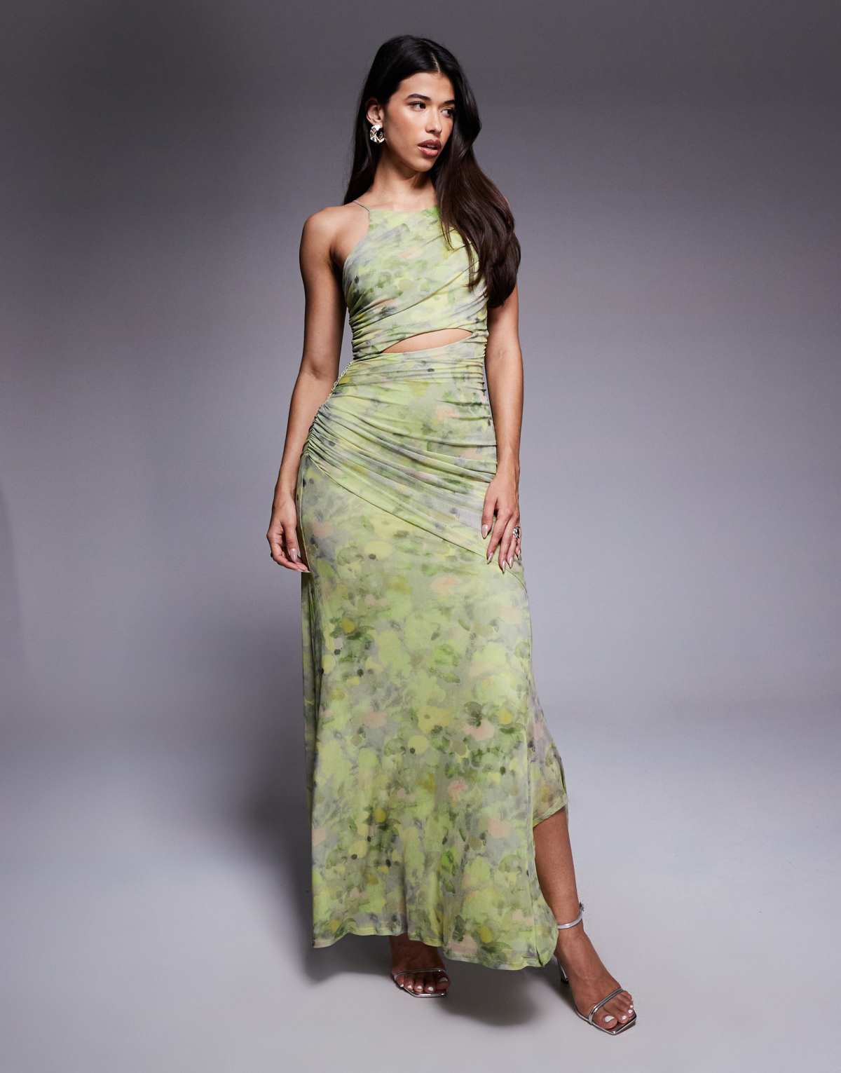 ASOS DESIGN mesh square halter maxi dress with asymmetric ruching in floral print