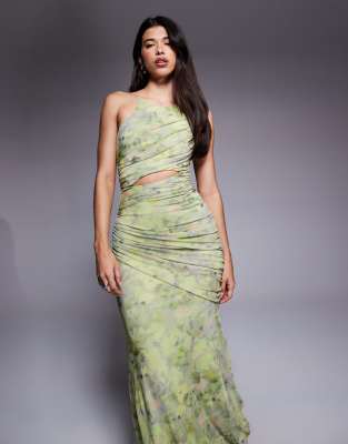 Asos Design Mesh Square Halter Maxi Dress With Asymmetric Ruching In Multi