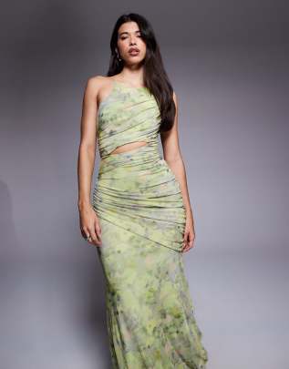 ASOS DESIGN mesh square halter maxi dress with asymmetric ruching in floral print