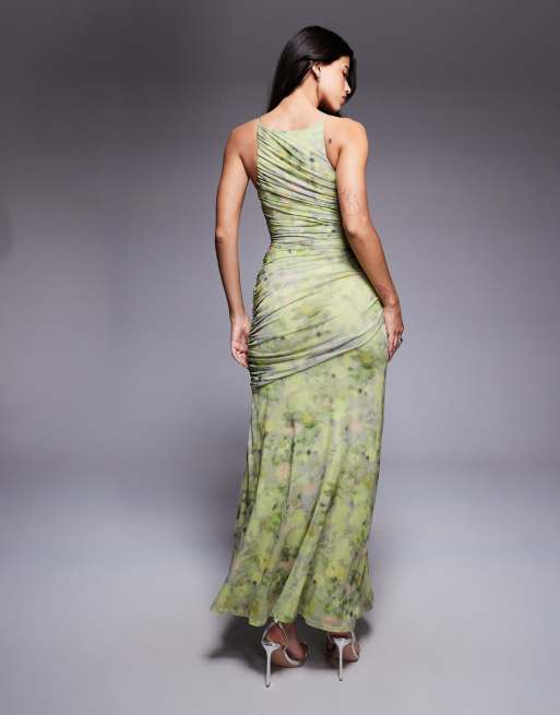 ASOS DESIGN mesh square halter maxi dress with asymmetric ruching in floral print, 4 of 4