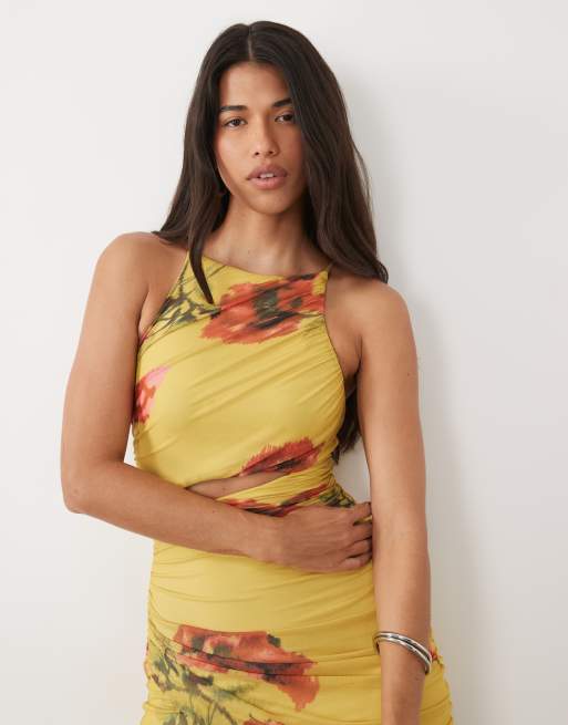 ASOS DESIGN mesh square halter maxi dress with asymmetric ruching in yellow & red floral, 2 of 4