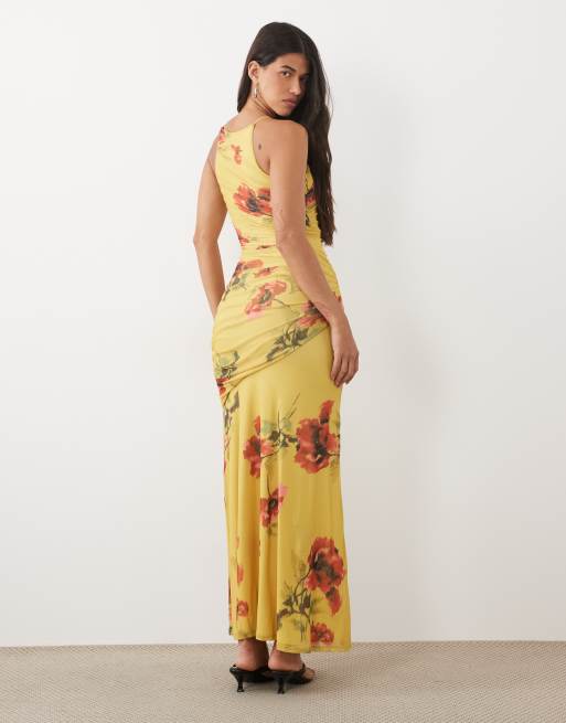 ASOS DESIGN mesh square halter maxi dress with asymmetric ruching in yellow & red floral, 4 of 4