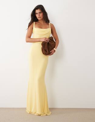 Asos Design Mesh Square Neck Cowl Maxi Dress With Tie Neck Detail In Yellow