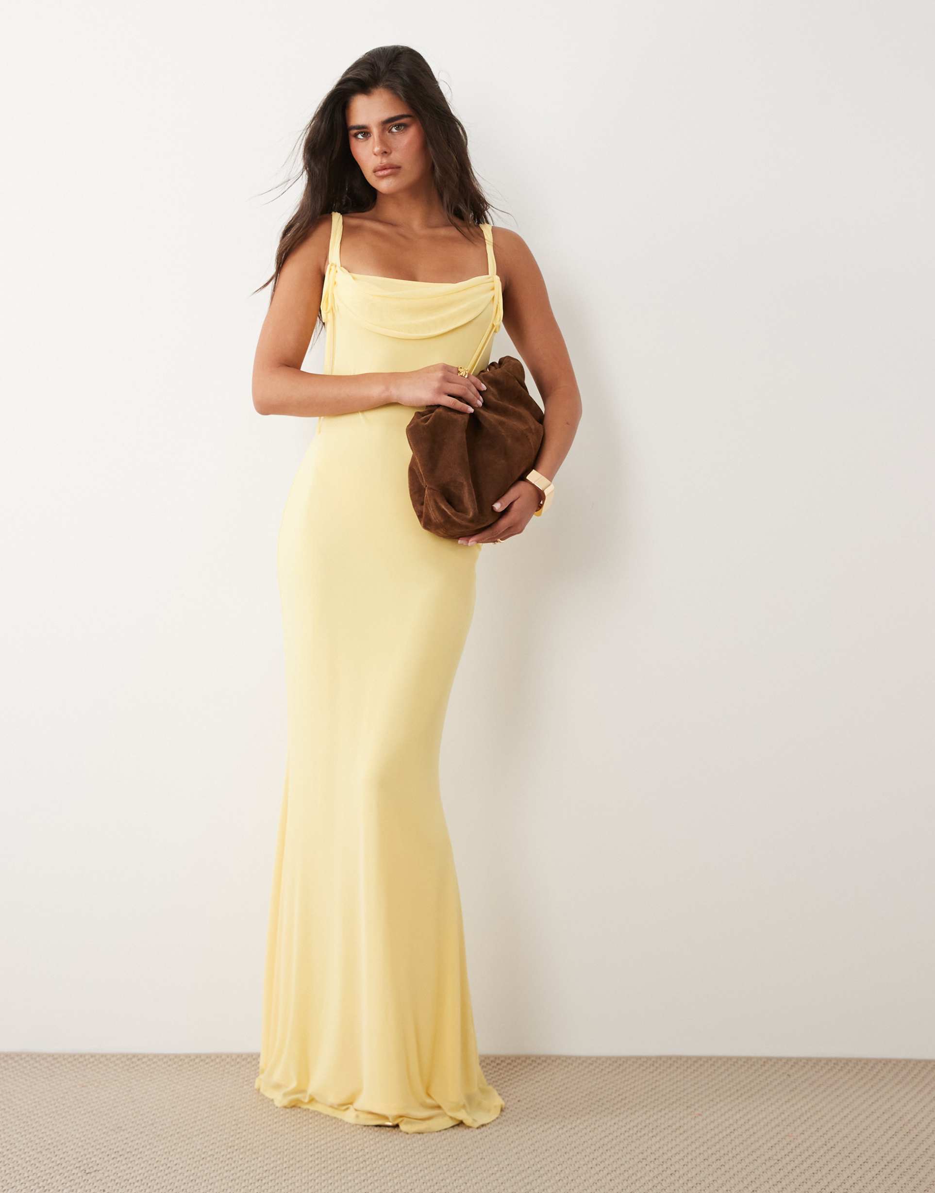 asos design mesh square neck cowl maxi dress with tie neck detail in yellow