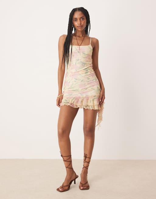 ASOS DESIGN mesh square neck mini dress with ruffle hem in pink floral print, 3 of 4