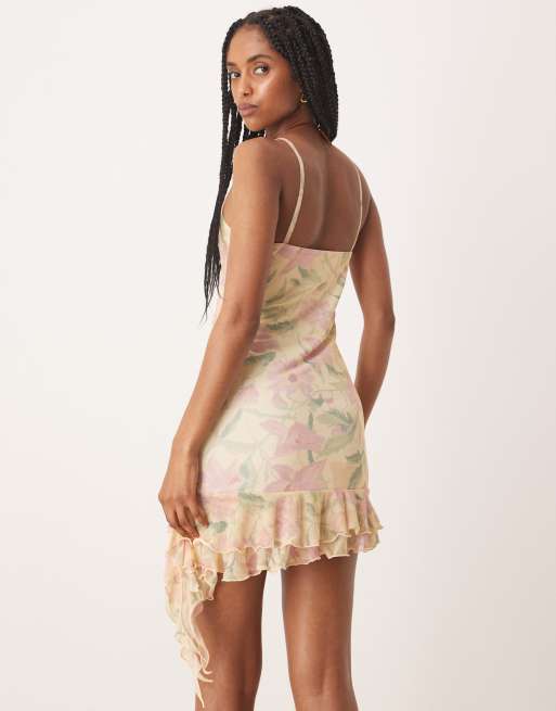 ASOS DESIGN mesh square neck mini dress with ruffle hem in pink floral print, 4 of 4