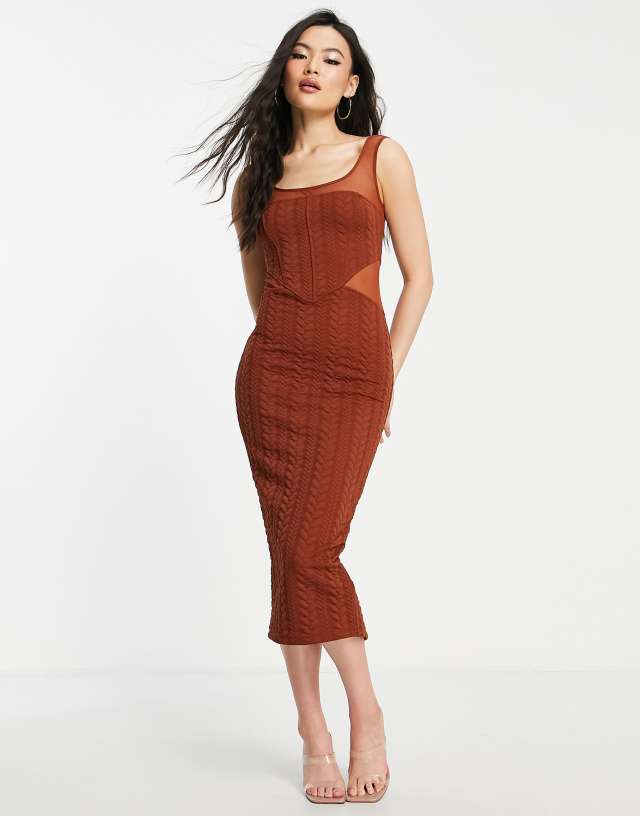 ASOS DESIGN mesh square neck rib midi dress in brown