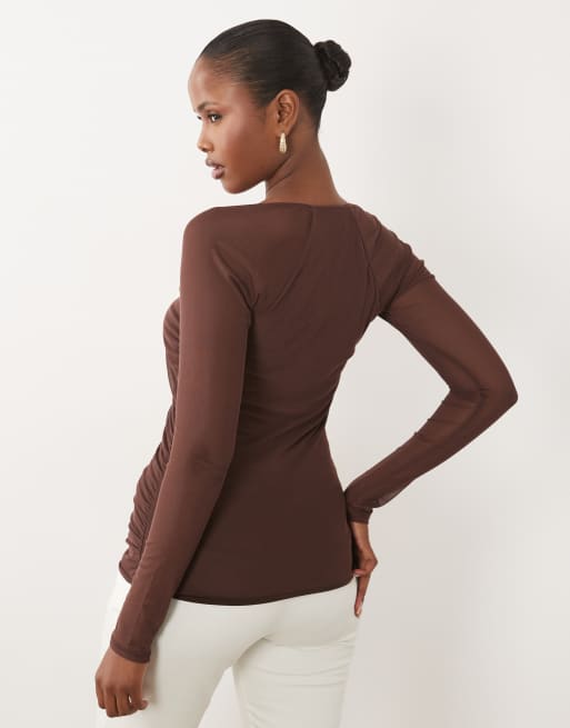 ASOS DESIGN mesh square neck ruched top with trim bust detail in chocolate, 2 of 4