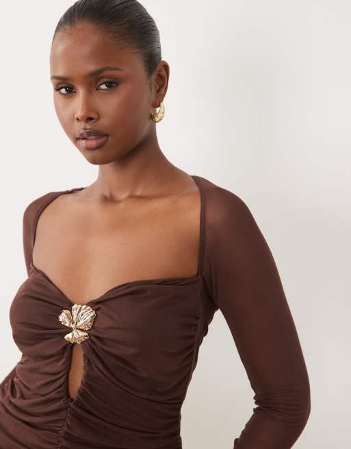 ASOS DESIGN mesh square neck ruched top with trim bust detail in chocolate, 4 of 4