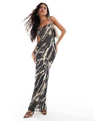 Asos Design Mesh Square Neck Strappy Back Maxi Dress In Dark Abstract Animal Print-multi