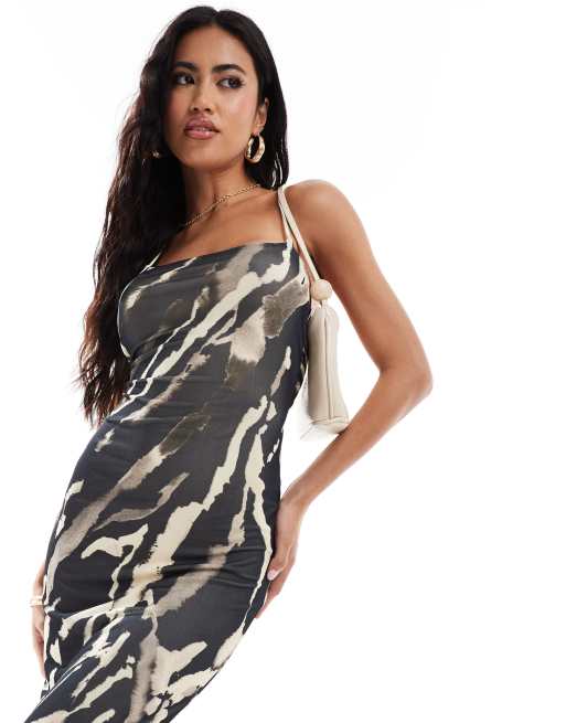 ASOS Design Mesh Square Neck Strappy Back Maxi Dress in Dark Abstract Animal print Multi