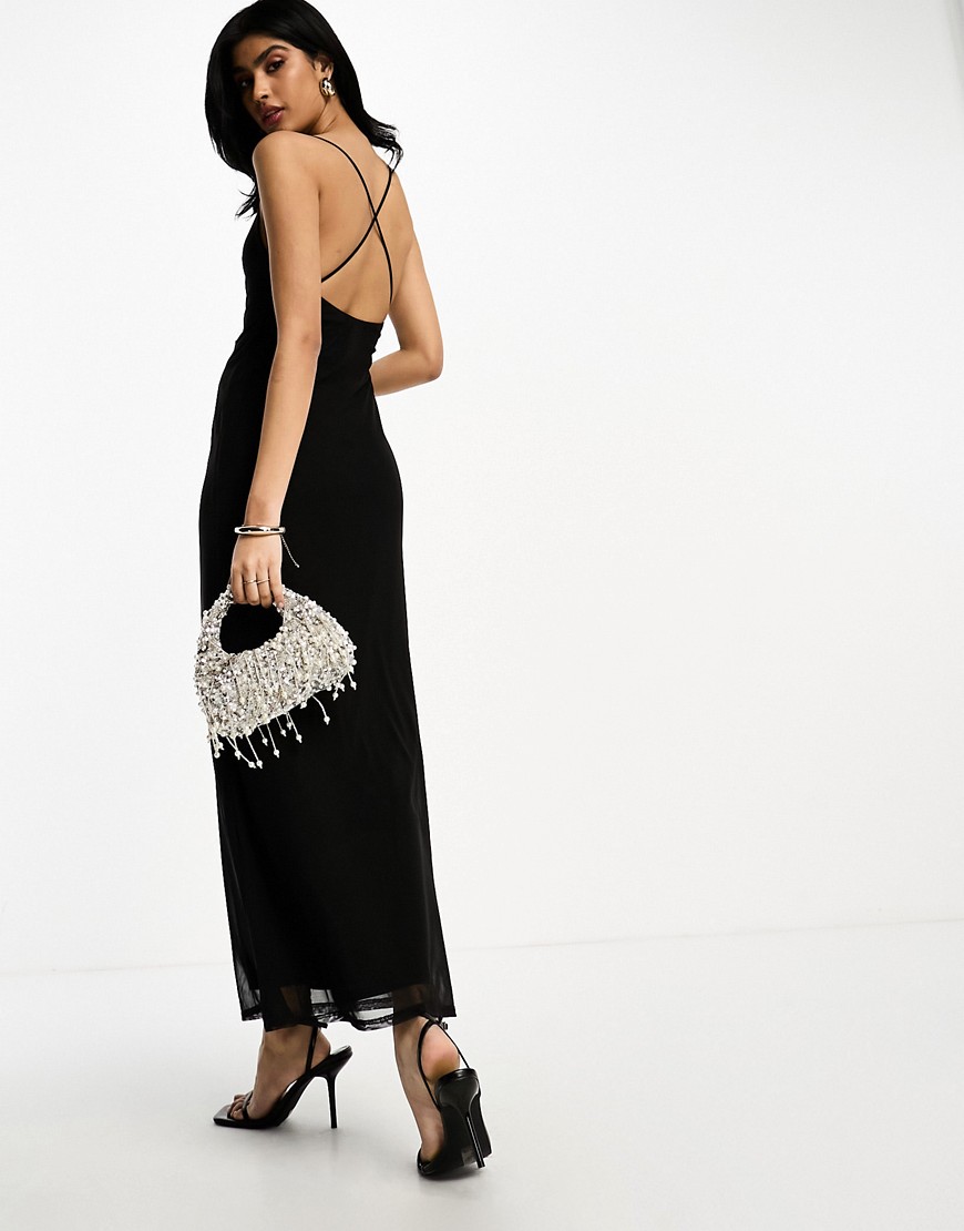 ASOS DESIGN mesh square neck strappy maxi dress in black