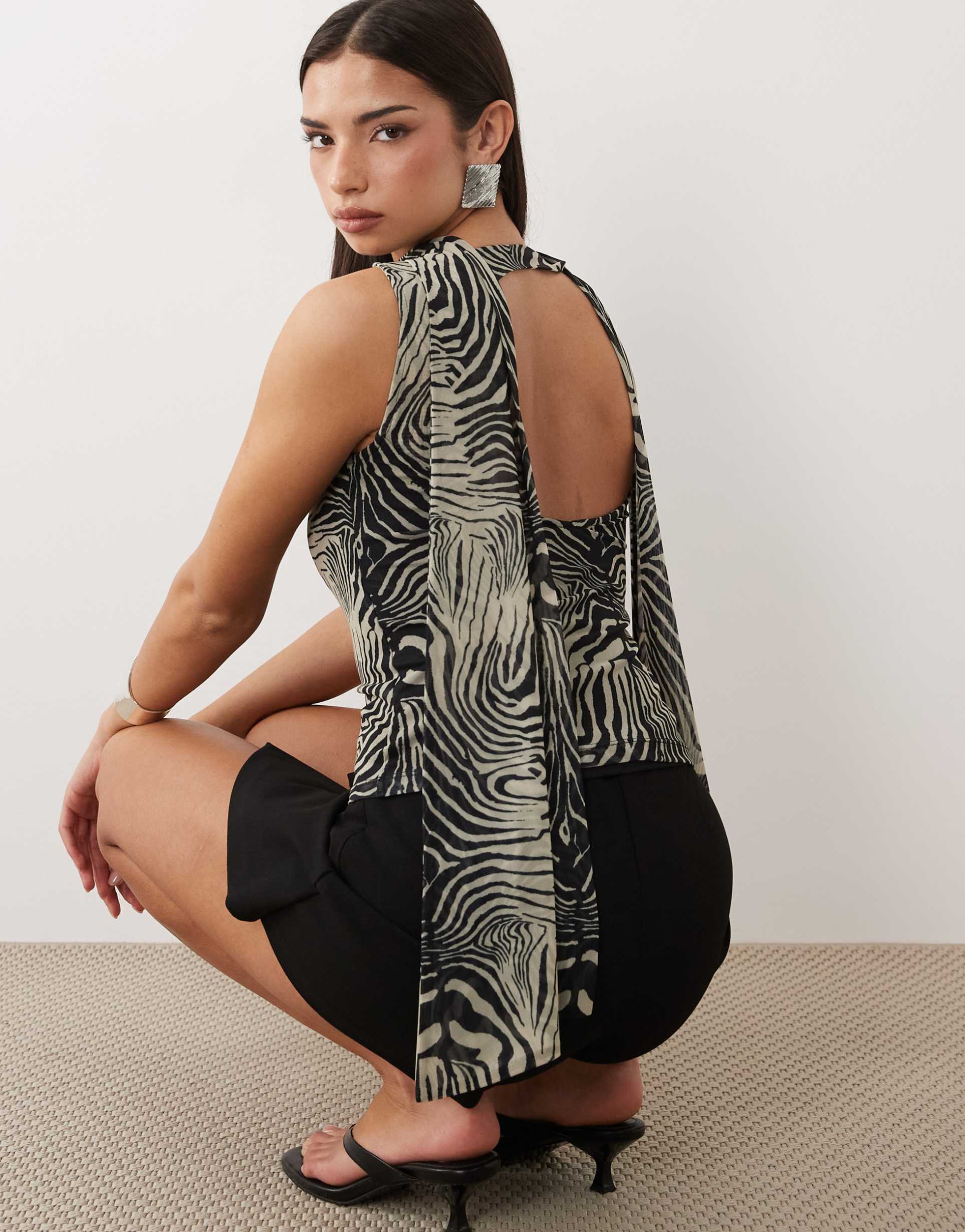 asos design mesh square neck top with scarf detail in zebra print