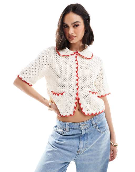  ASOS DESIGN mesh stitch cardigan with tipping detail in cream 