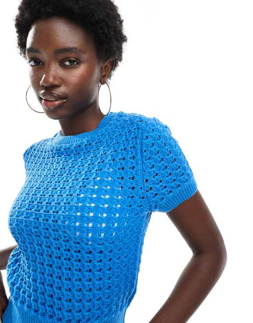 ASOS DESIGN mesh stitch knitted t-shirt in blue