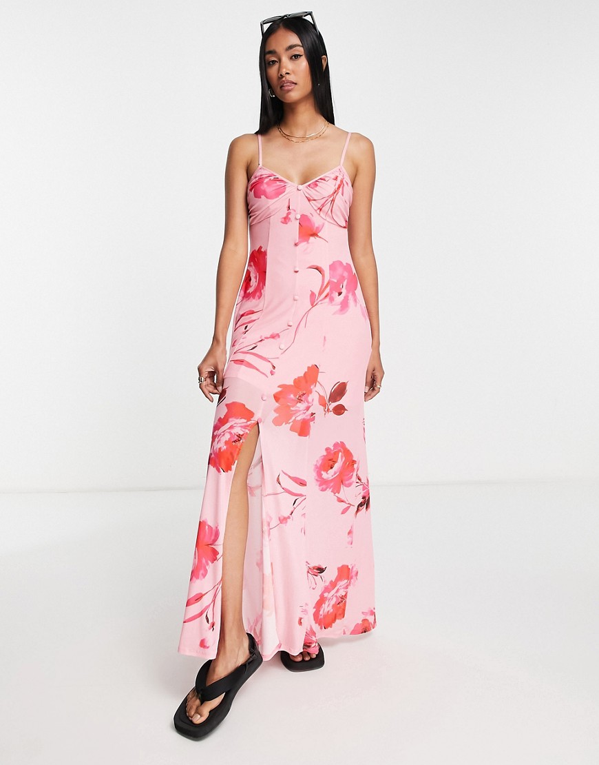 ASOS DESIGN mesh strappy maxi dress with buttons in blurred floral in pink and red-Multi