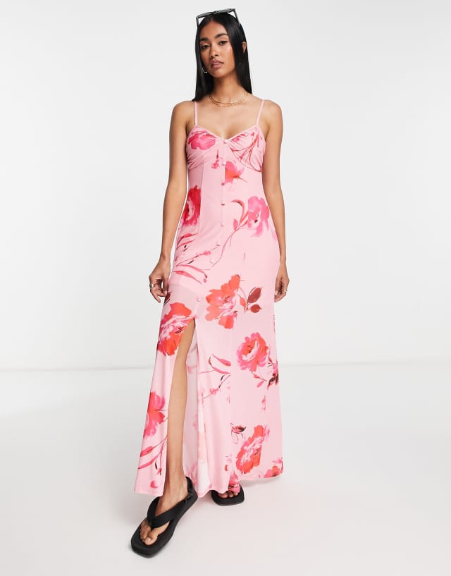 ASOS DESIGN mesh strappy maxi dress with buttons in blurred floral in pink and red