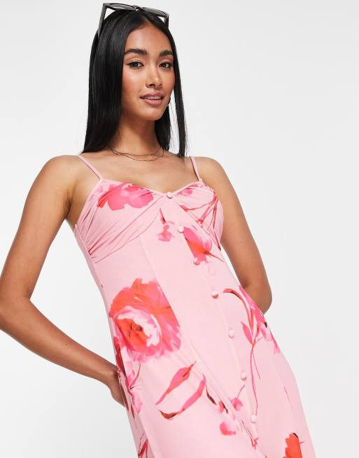 Floral Strappy Button Through Slip Midi Dress