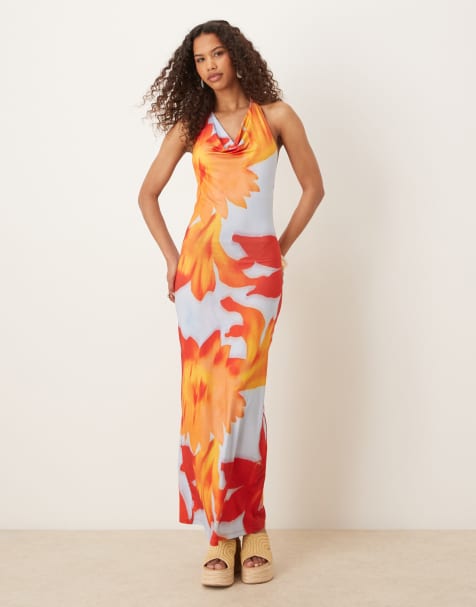 ASOS DESIGN mesh super plunge cowl halter dress with blown up hibiscous print in orange - view 1