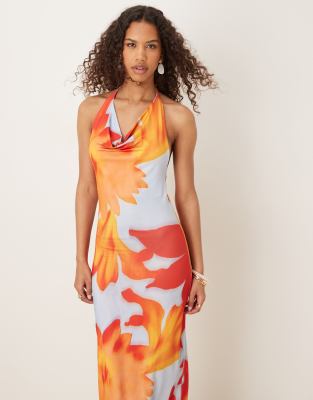 Asos Design Mesh Super Plunge Cowl Halter Dress With Blown Up Hibiscus Print In Multi