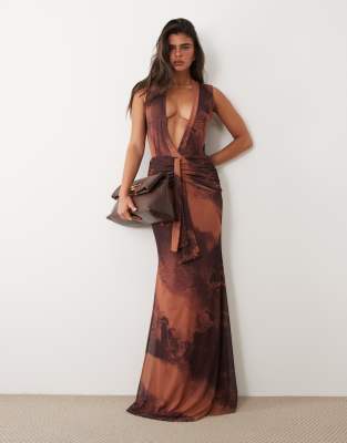 Asos Design Mesh Super Plunge Draped Front Maxi Dress In Multi