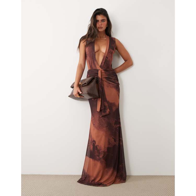 ASOS DESIGN mesh super plunge draped front maxi dress in blurred abstract  print | ASOS