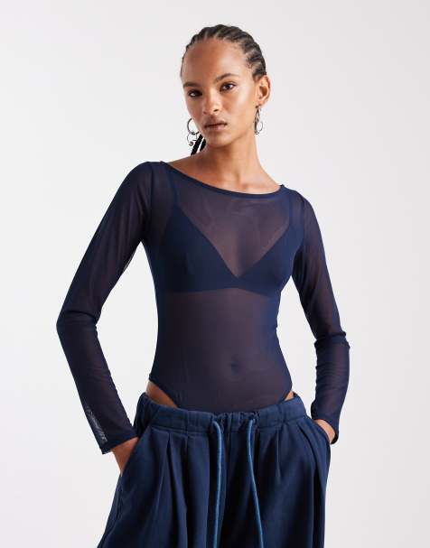 ASOS DESIGN mesh super scoop neck bodysuit in navy - view 1