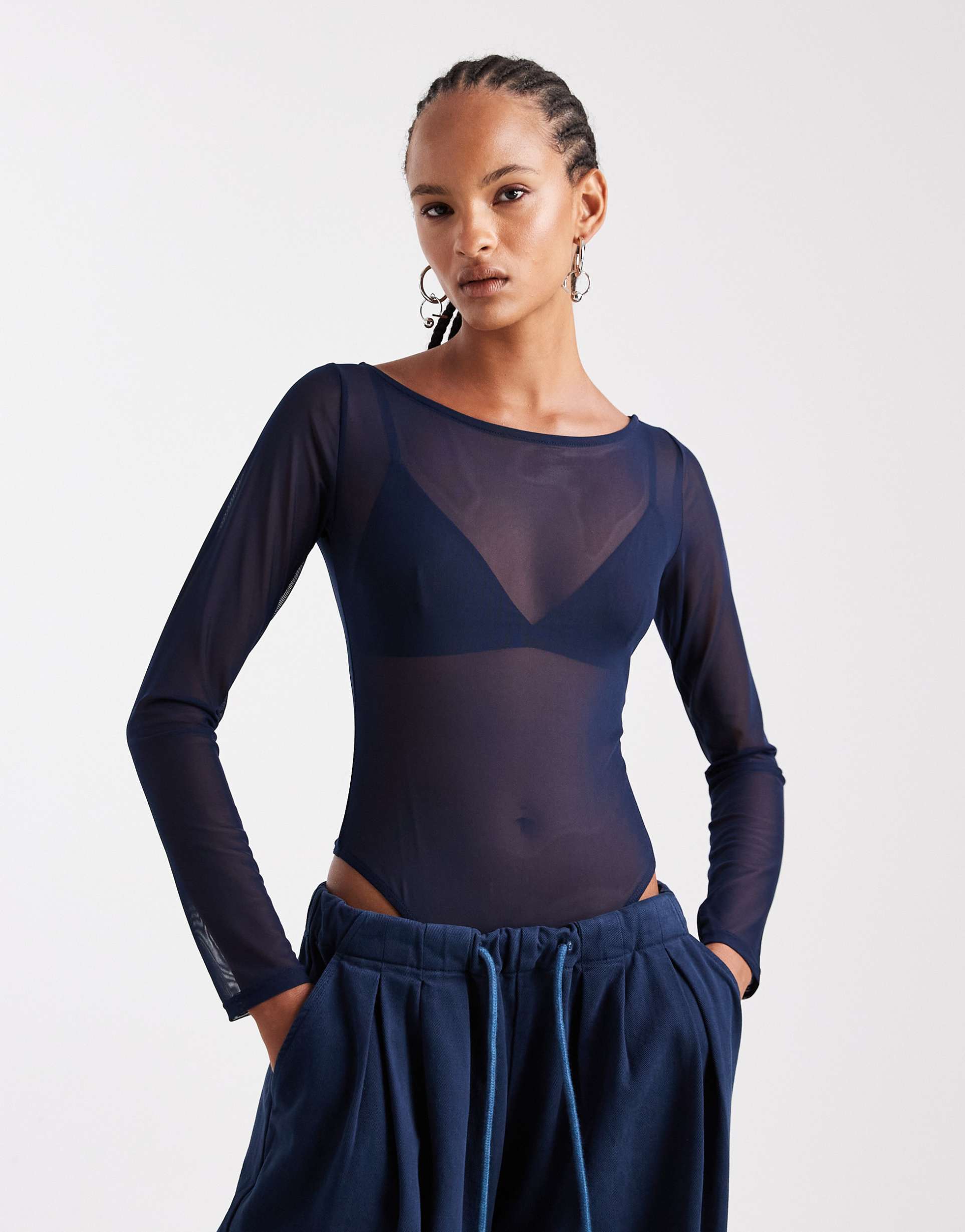 asos design mesh super scoop neck bodysuit in navy