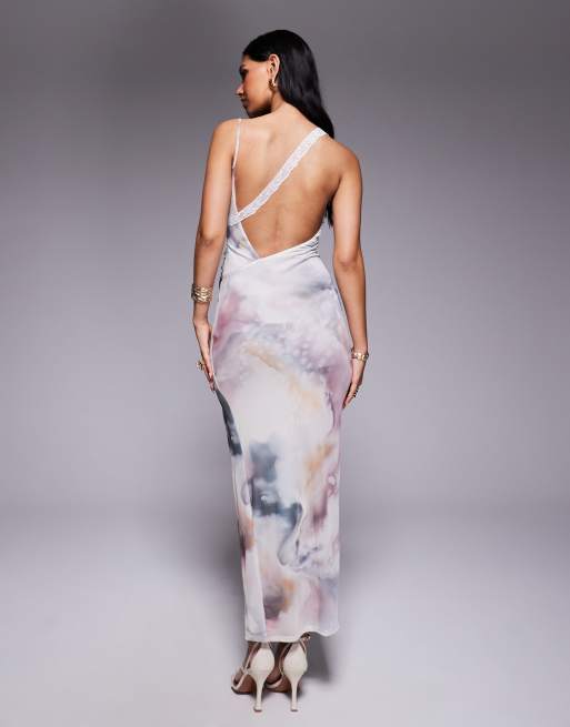 ASOS DESIGN mesh super scoop neck midi dress with asymmetric lace trim panels in watercolor print 