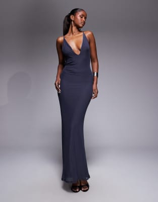 Asos Design Mesh Super Scoop Plunge Neck Maxi Dress In Blue