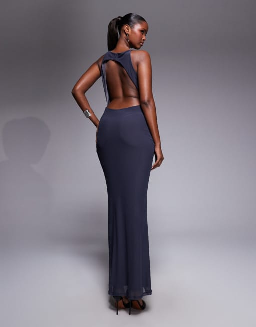 ASOS DESIGN mesh super scooped plunge maxi dress in grey, 2 of 4