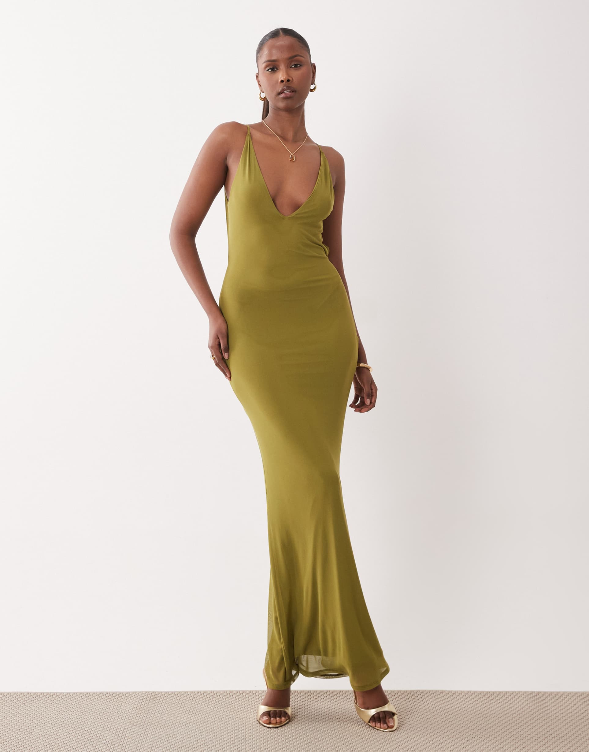 asos design mesh super scooped plunge maxi dress in khaki