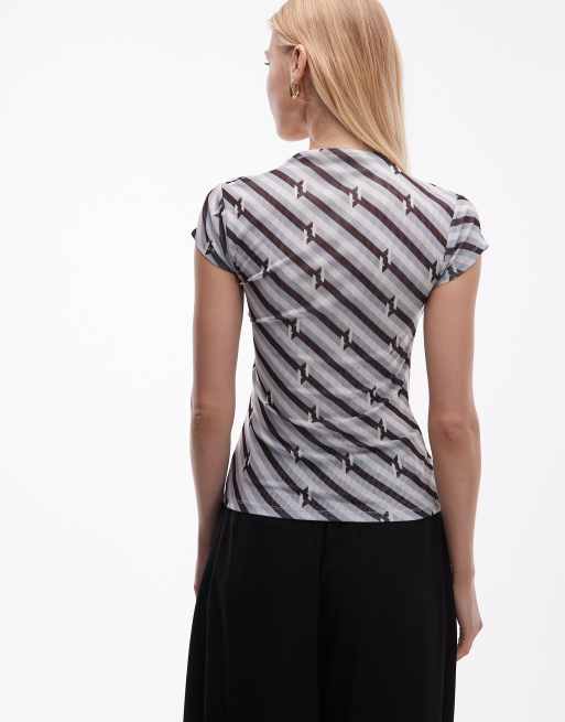 ASOS DESIGN - Mesh T-shirt met kapmouwtjes met knoop en gestreepte print, 4 van 4
